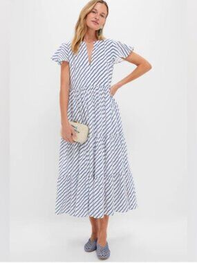 Oliphant Women’s V-Neck Dipsy Navy Long Tiered Maxi Summer Dress Size Small